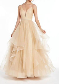 ALYCE PARIS Glitter V Neck Tulle Prom Dress in gold dipped - women's dress