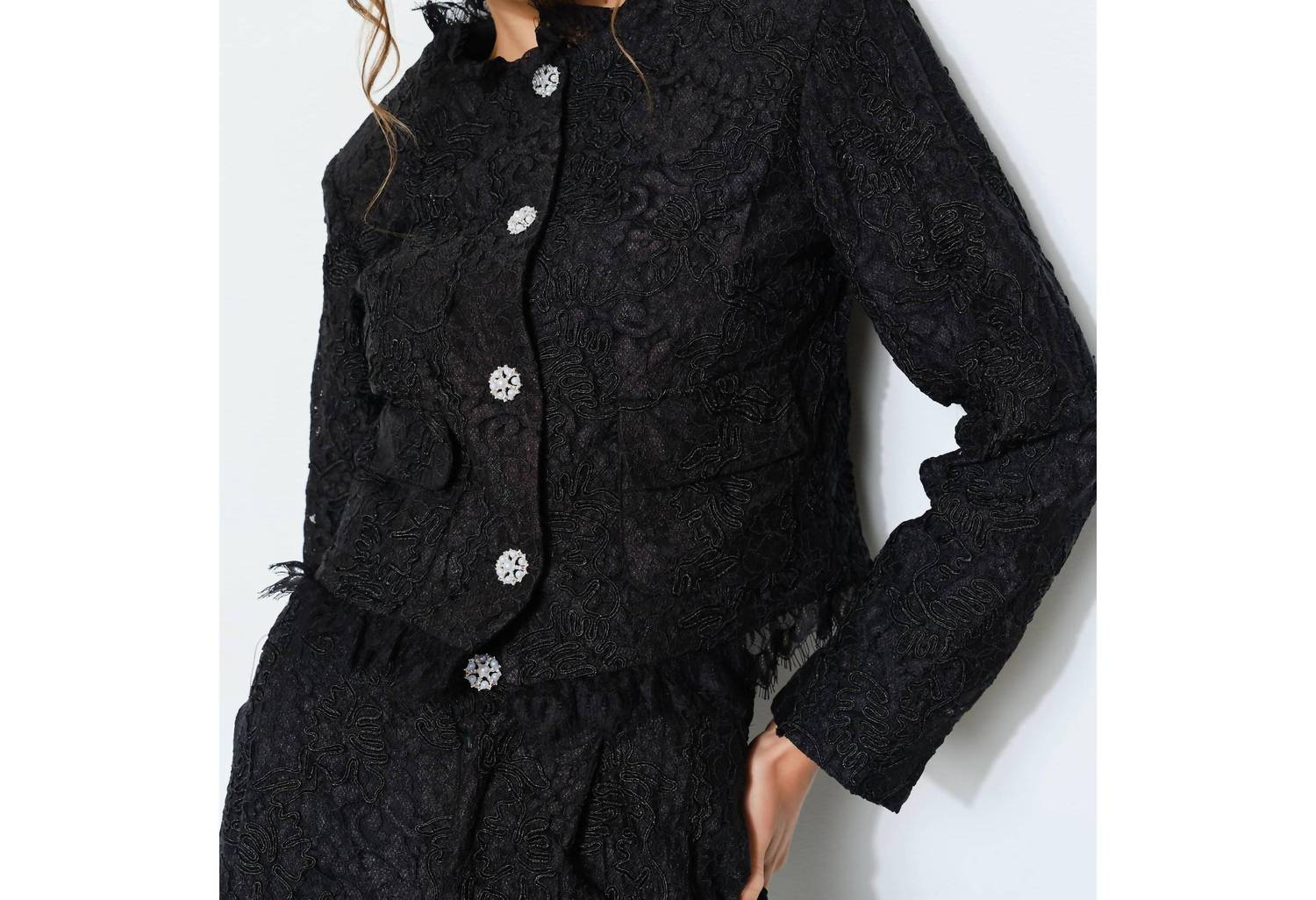 Ina Fashion - Lace Fringe Trim Pearl Button Cropped Jacket