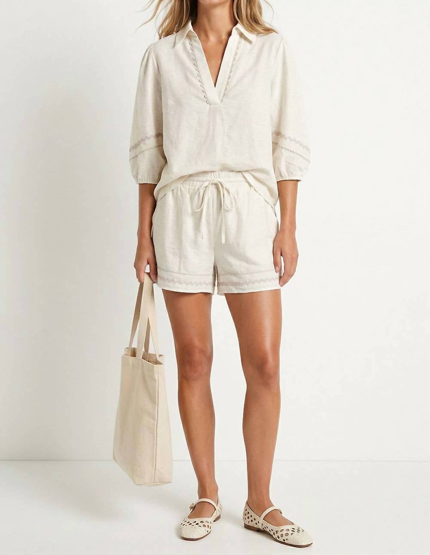 Naked Zebra - Contrast Trim Puff Sleeve Linen Blouse