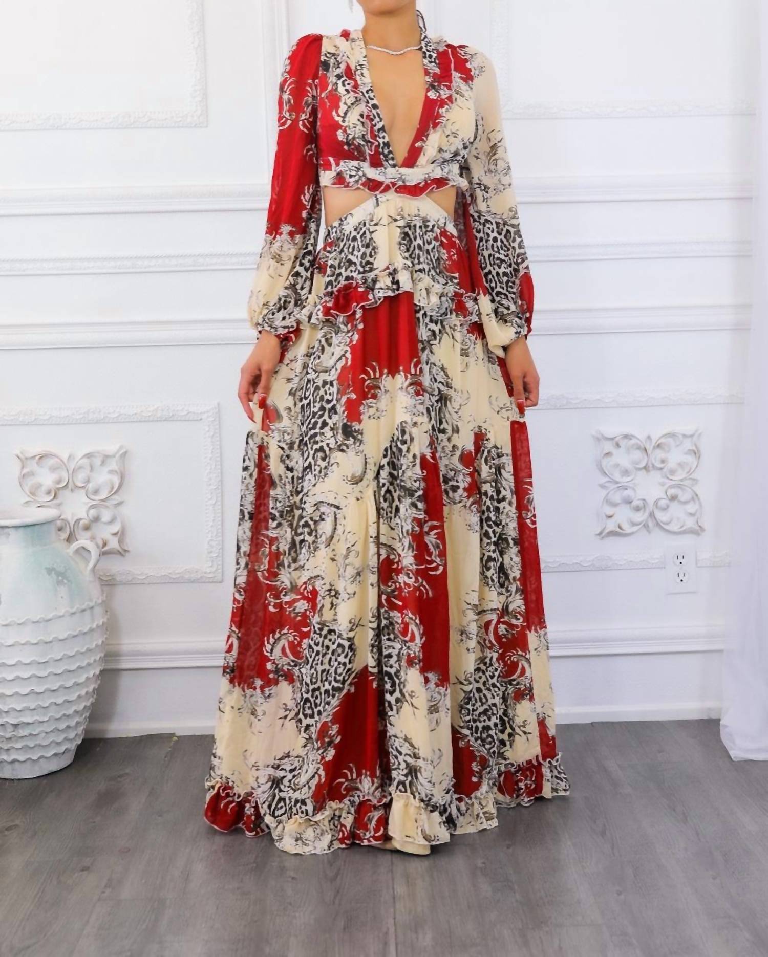 Surelymine - Fantasy Ruffles Cut Out Laced Back Maxi Dress
