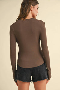 MIOU MUSE Ribbed Long Sleeve Mock Neck Top in coffee - women's sweater - alternate view