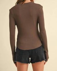 MIOU MUSE Ribbed Long Sleeve Mock Neck Top in coffee - women's sweater - detail view