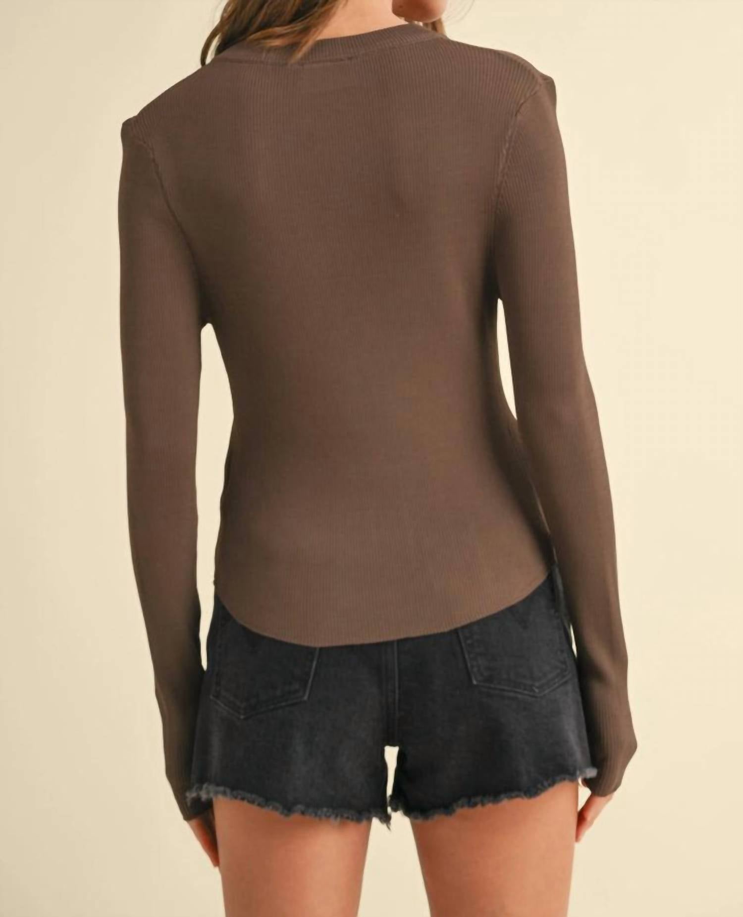 MIOU MUSE Ribbed Long Sleeve Mock Neck Top in coffee - women's sweater - detail view