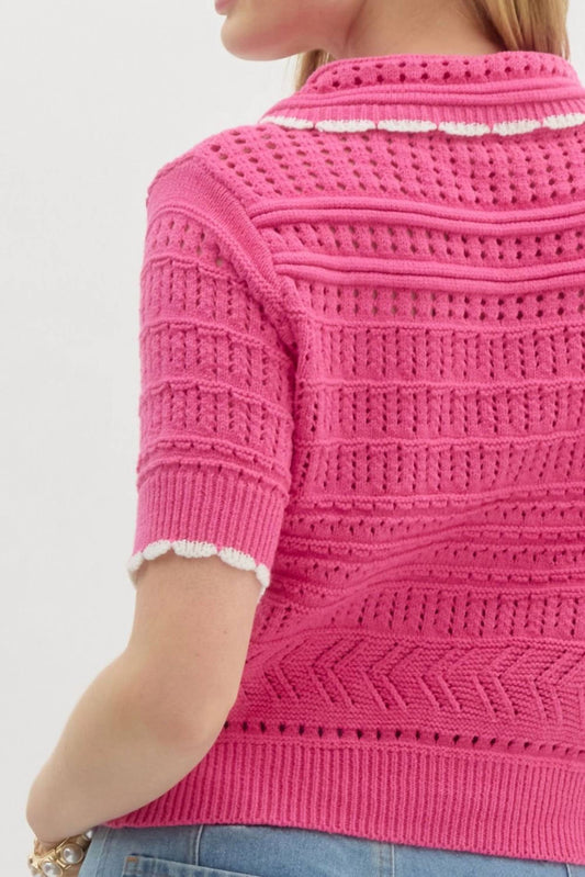 Entro - Solid Pointelle Sweater Knit Top