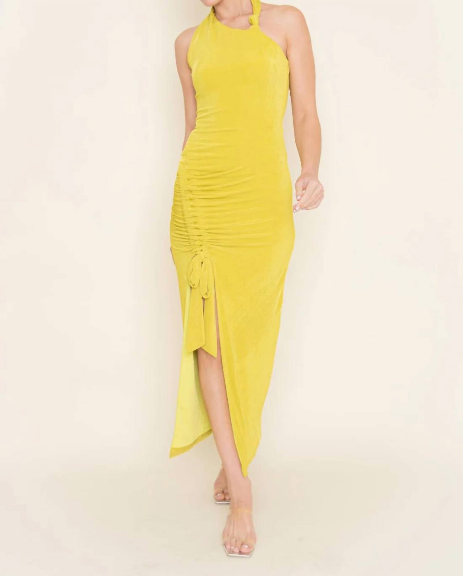 Fore Collection - Ruched Drawstring Sleeveless Halter Dress