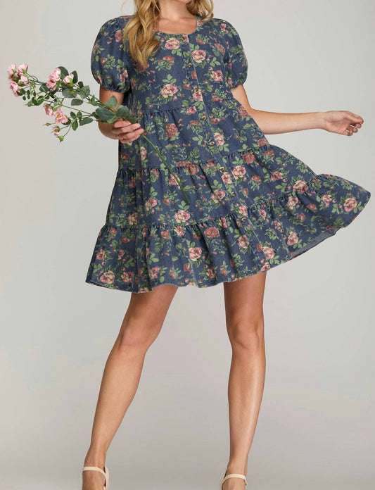 She + Sky - Puff Sleeve Button Down Tiered Print Denim Dress