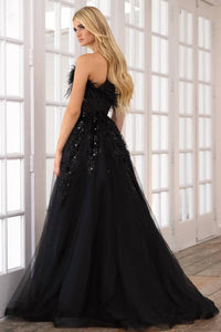 Ava Presley - Strapless Feather Beaded Slit Ball Gown