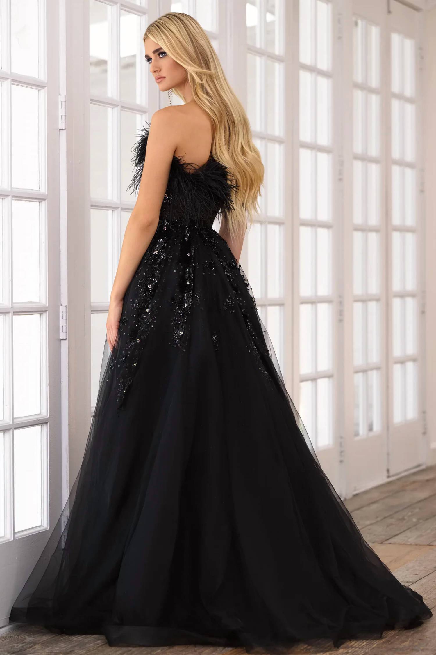 Ava Presley - Strapless Feather Beaded Slit Ball Gown