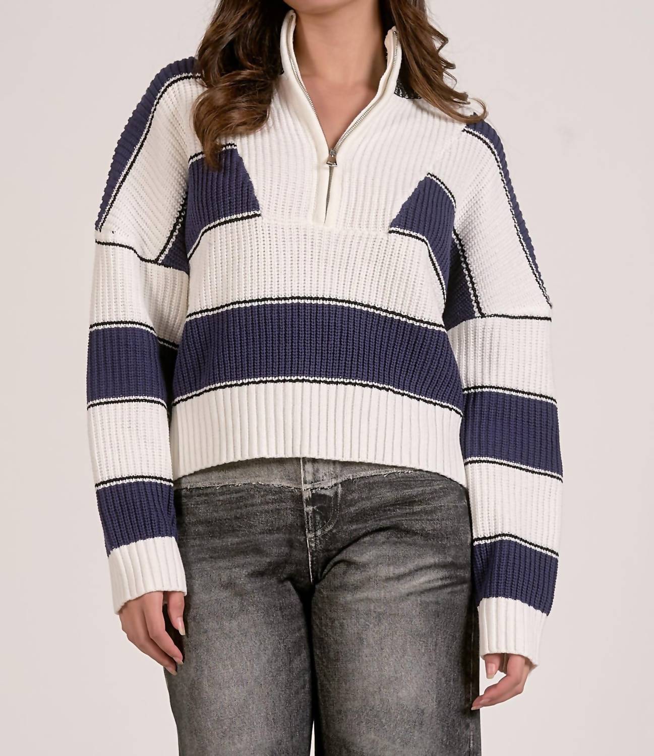 ELAN Nautical Striped Quarter Zip Cotton Sweater in white navy - women's sweater