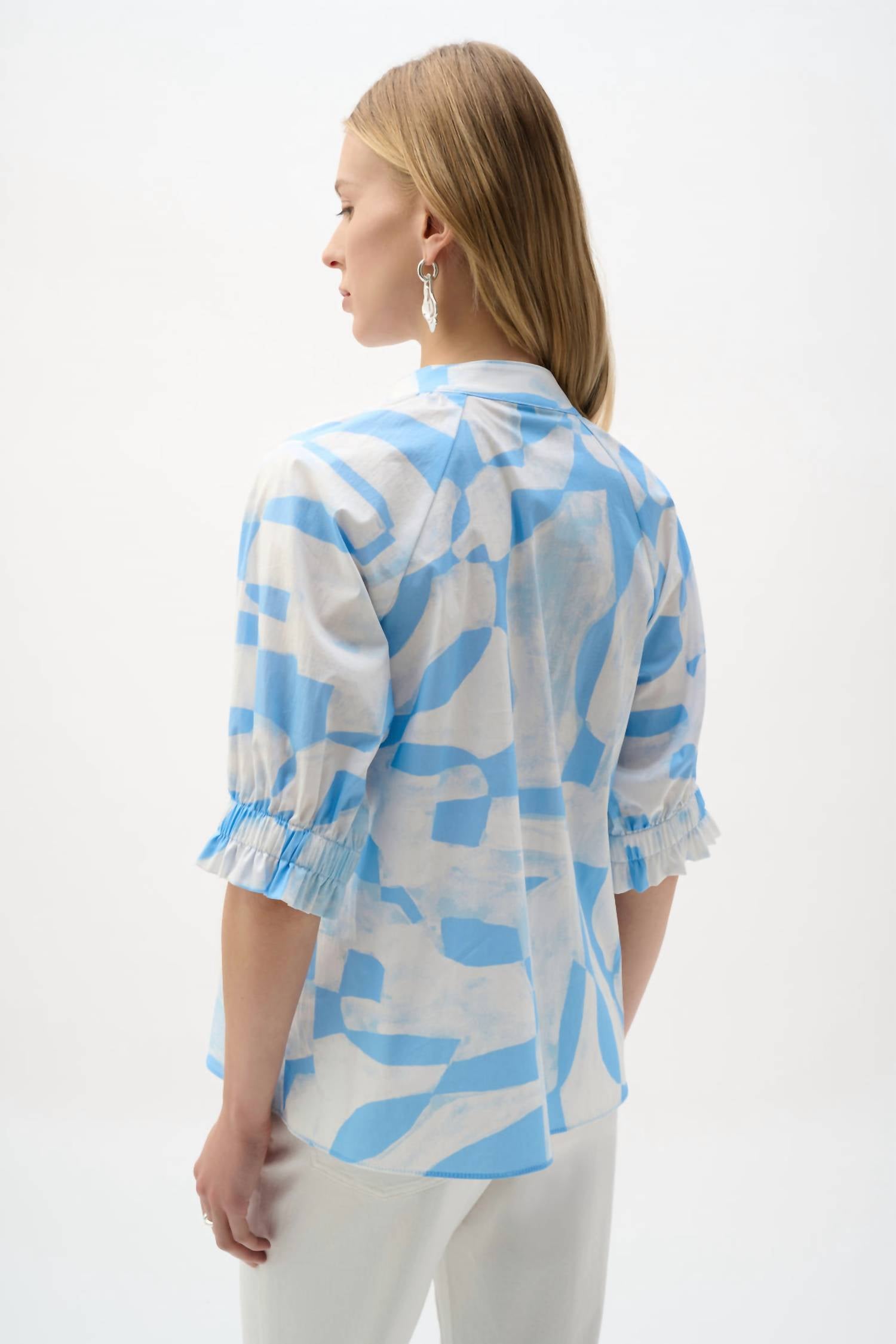 Joseph Ribkoff Geometric Print Straight Top in blue white - women's blouse - alternate view