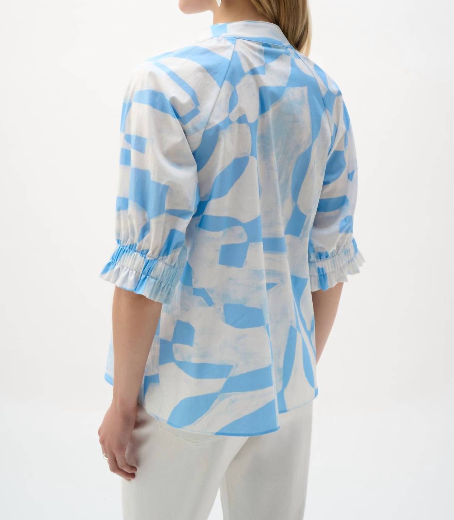 Joseph Ribkoff Geometric Print Straight Top in blue white - women's blouse - detail view