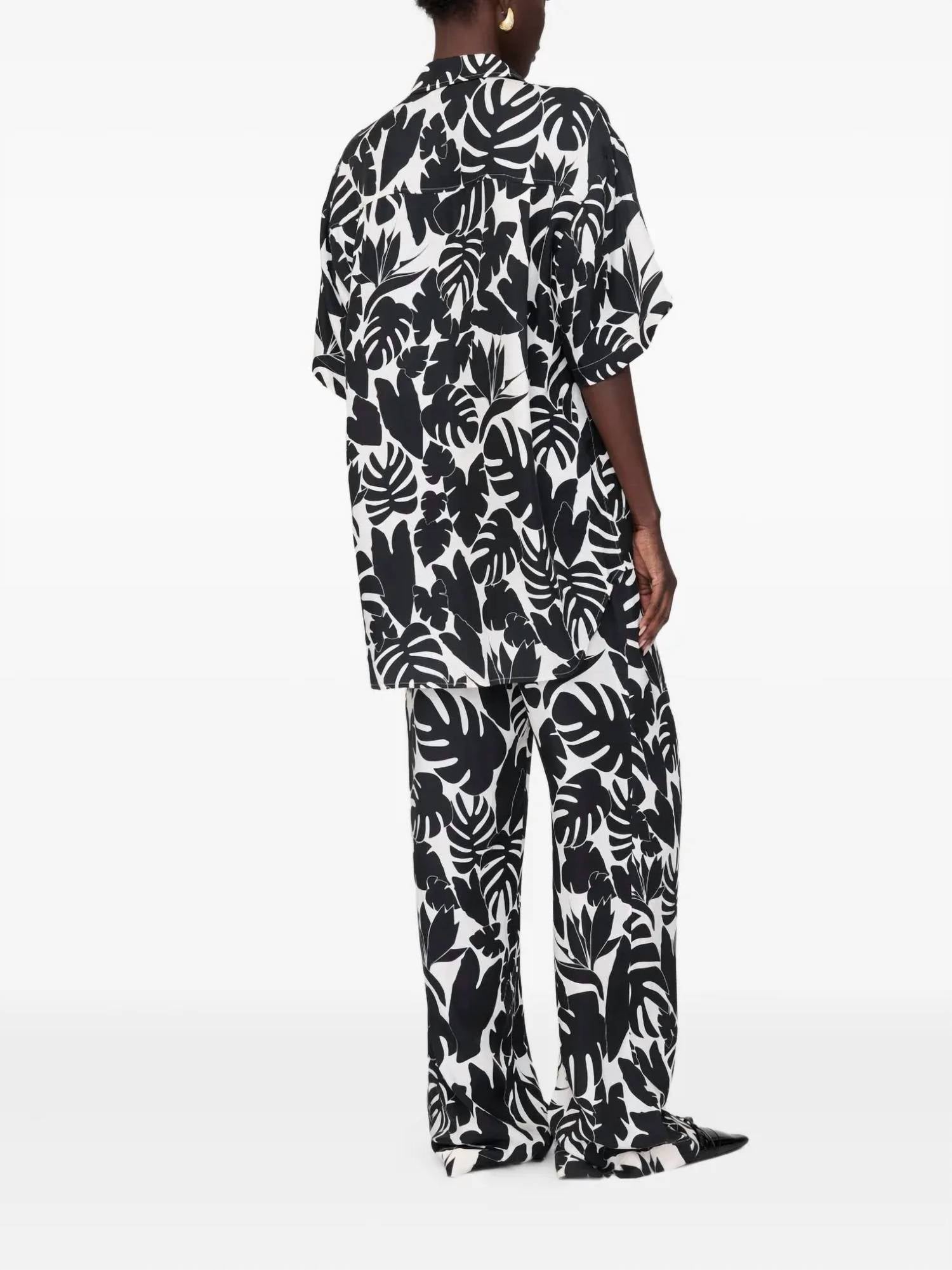 ANINE BING Elain Slim Wide Leg Pant in black bird of paradise - women's pants - detail view