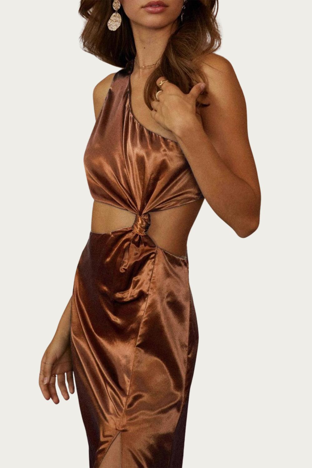 ONE-SHOULDER SATIN CUTOUT MIDI DRESS