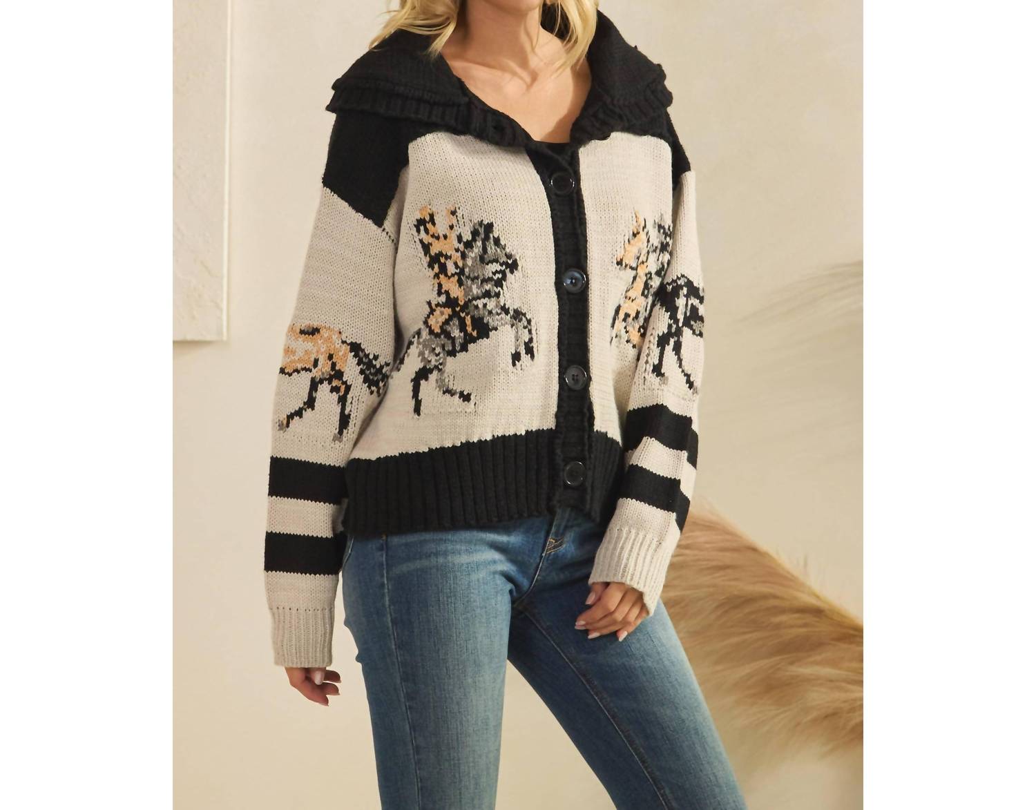 Veveret Horse Print Sweater in black - women's cardigan - view 6