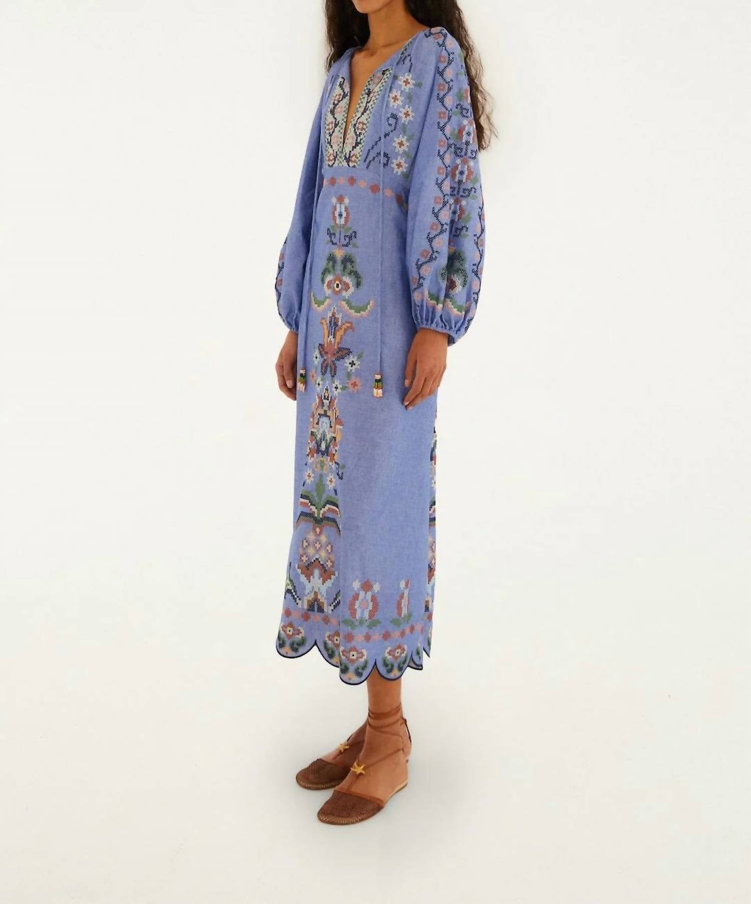 Farm Rio - Embroidered Long Sleeve Midi Dress
