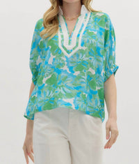 Entro - Floral Print Dolman Sleeve Pullover Top