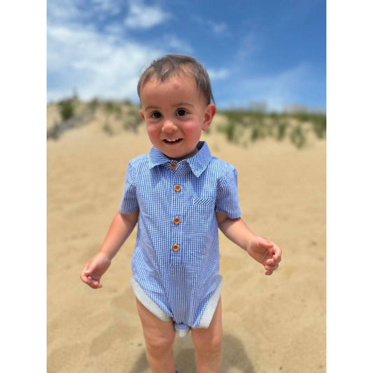 Me & Henry - Boy's Helford Royal Micro Plaid Onesie