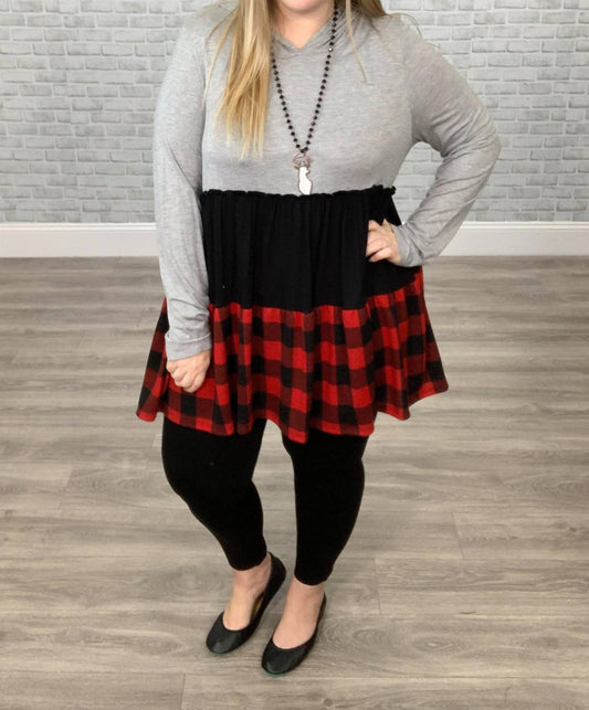 Honeyme - Tiered Buffalo Plaid Hoodie Tunic