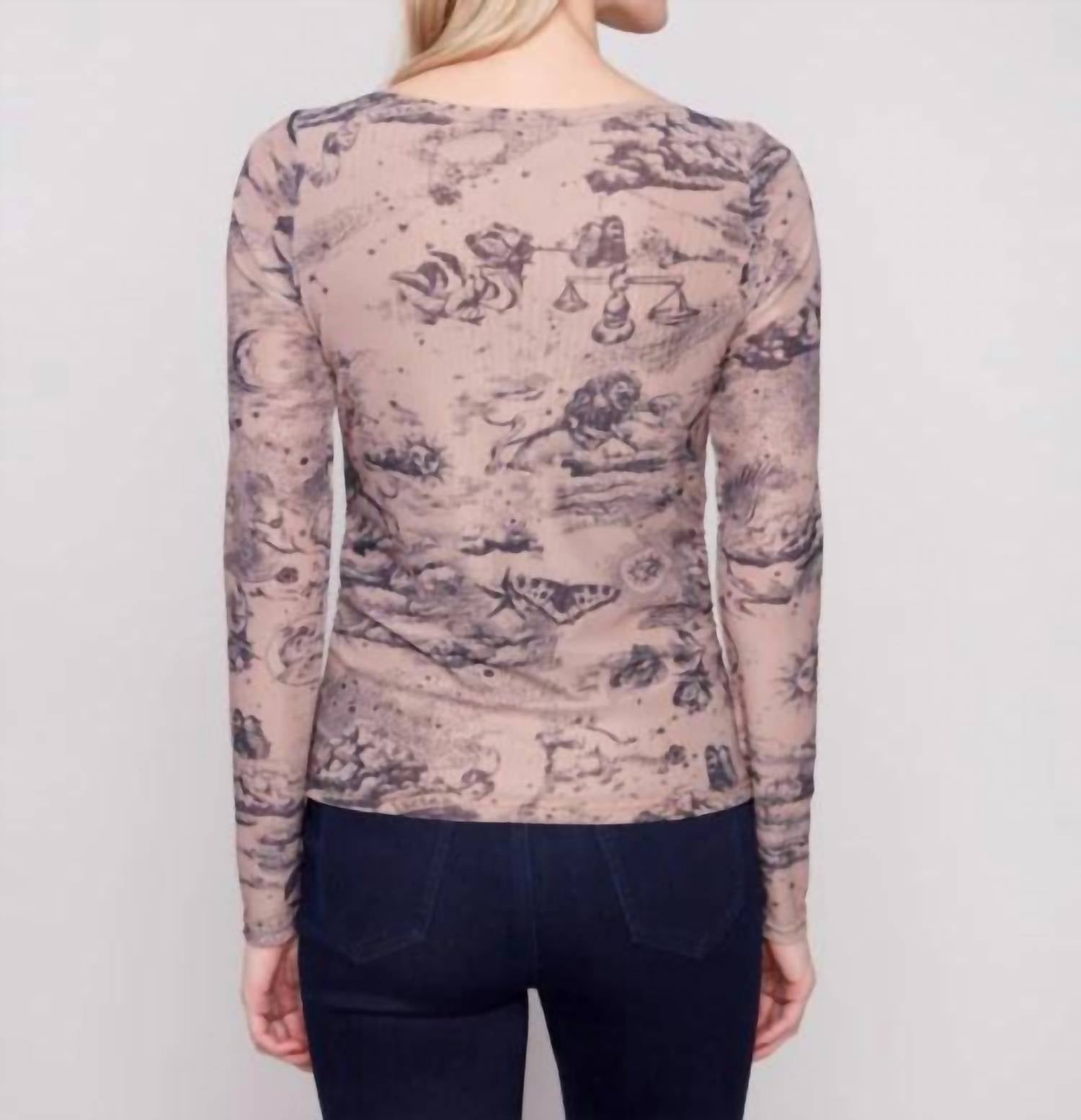 Charlie B - Astrology Print Mesh Long Sleeve Top