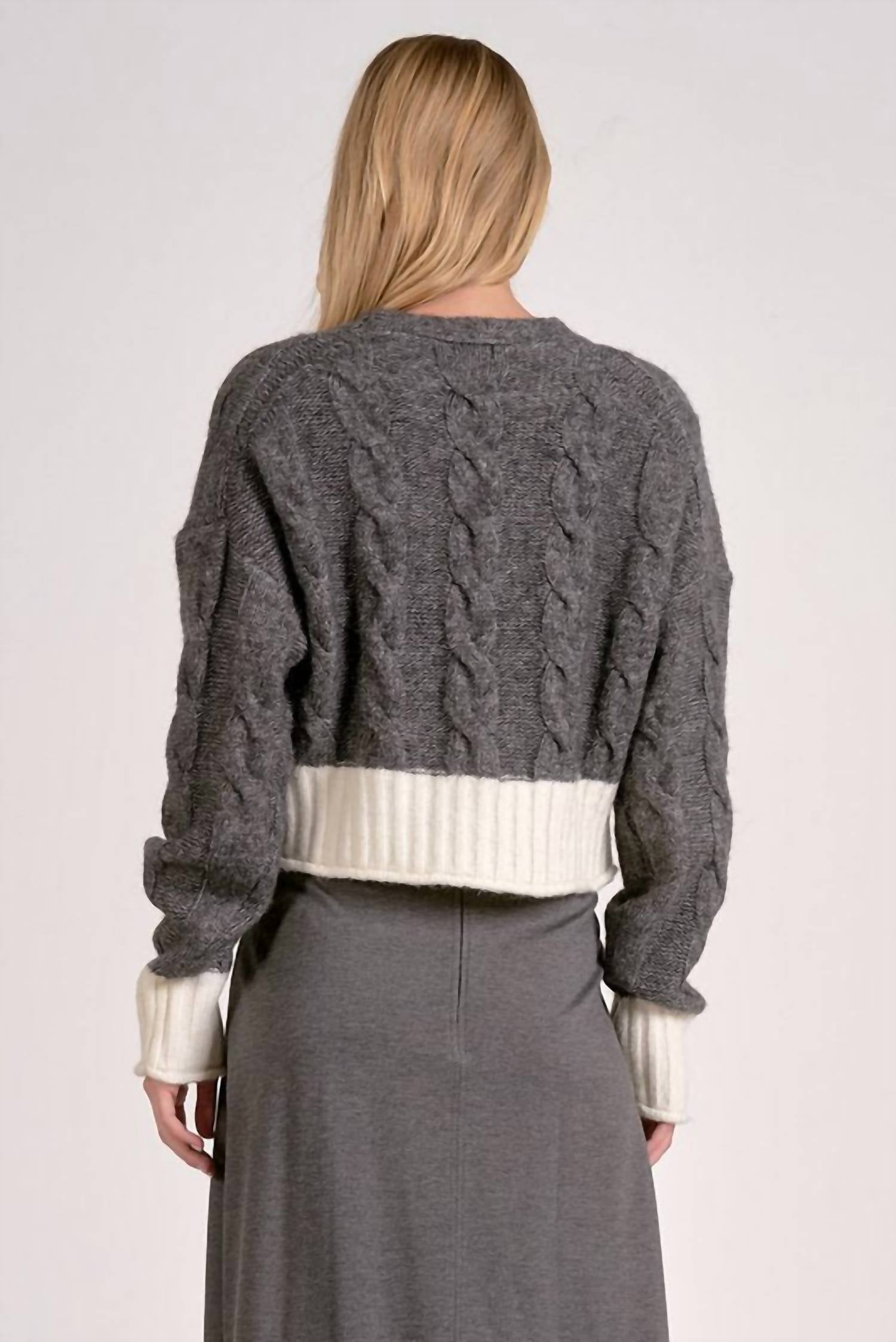 ELAN Carrie Cable Crop Cardigan in grey - women's cardigan - detail view