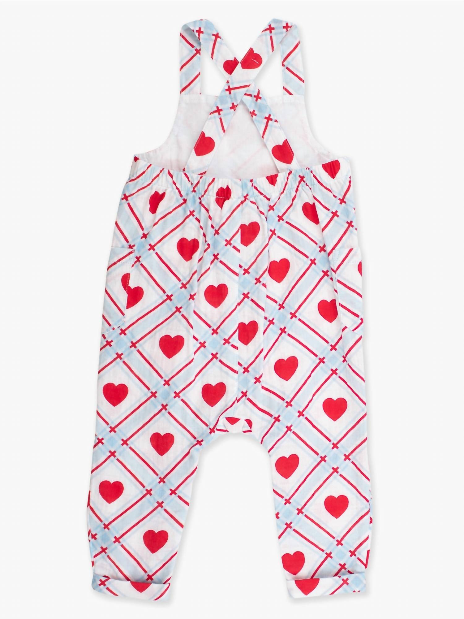 RuffleButts Baby Boy's Sweetheart Gauze Overall Jumpsuit in blue red - kids' item - detail view