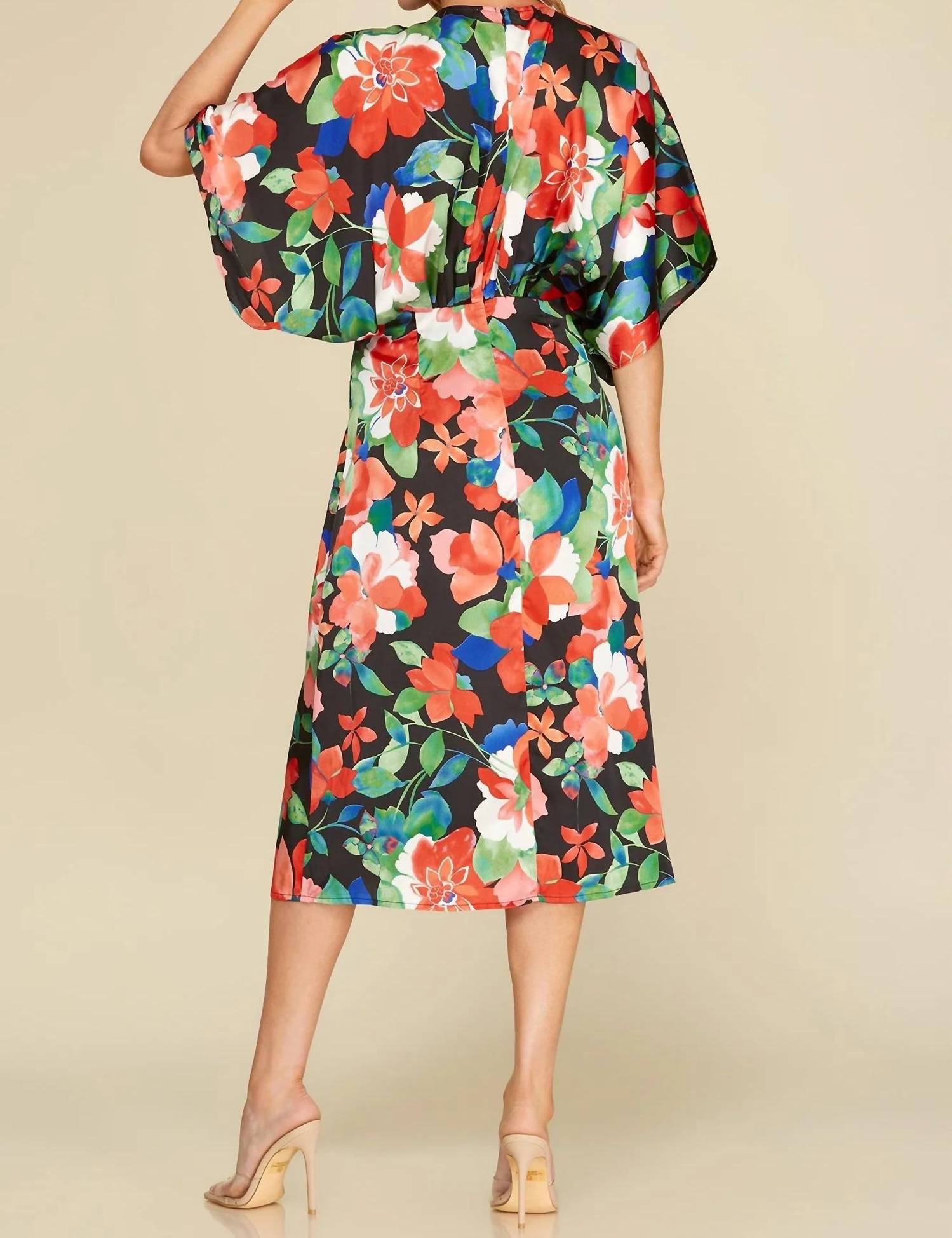 She + Sky - Floral Kimono Sleeve Midi Dress