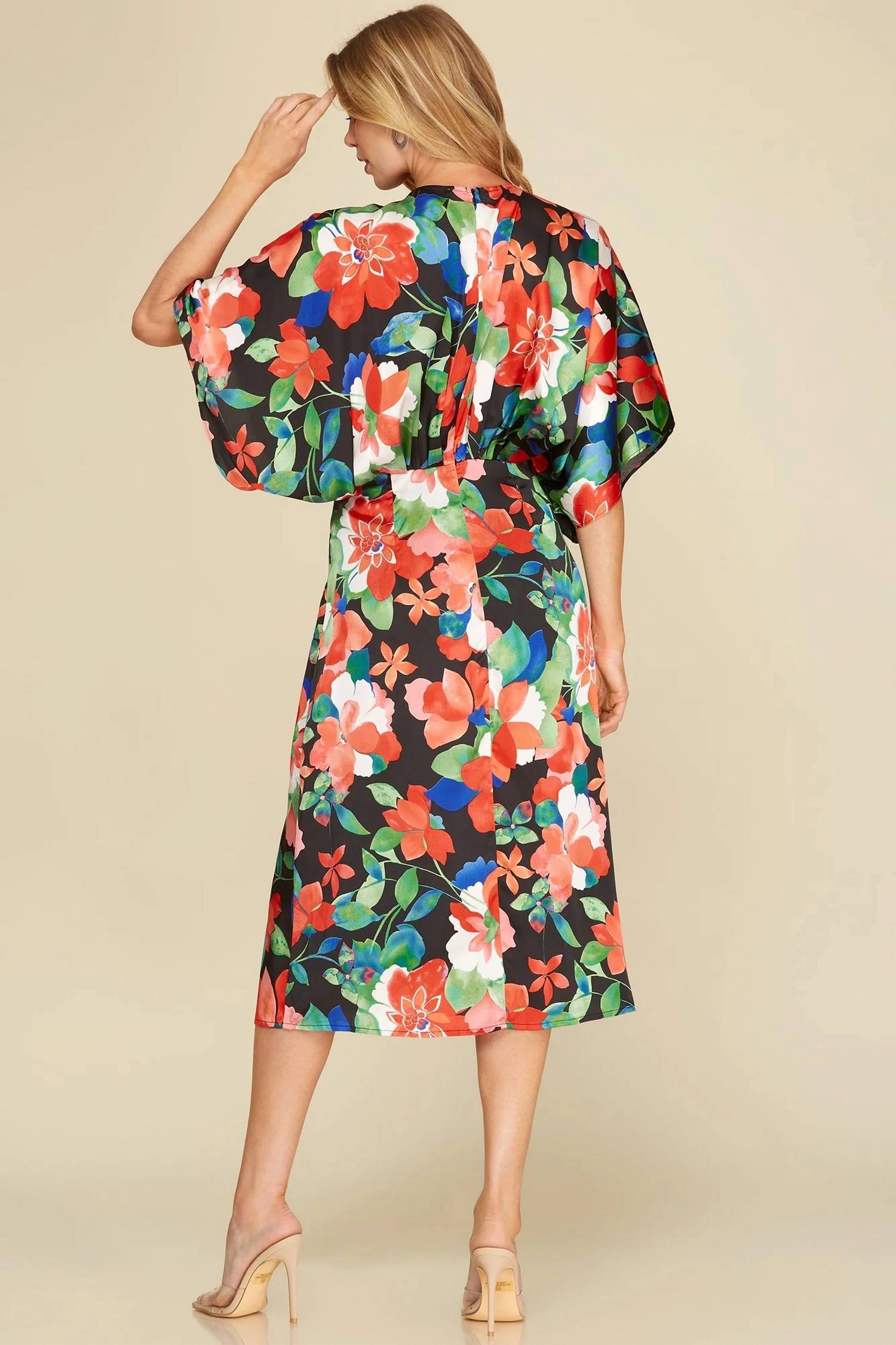 She + Sky - Floral Kimono Sleeve Midi Dress