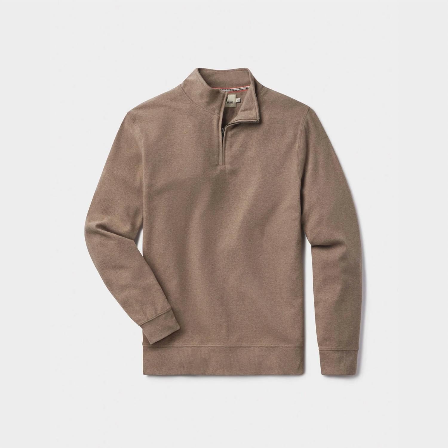 The Normal Brand Men's Puremeso Weekend Quarter Zip Top in taupe - men's long sleeve top - detail view