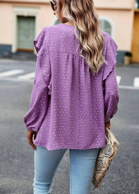 Epretty - Swiss Dots Ruffle Trim Blouse