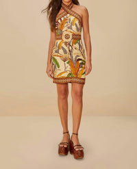 Farm Rio - Foliage Sketch Sand Halter Mini Dress