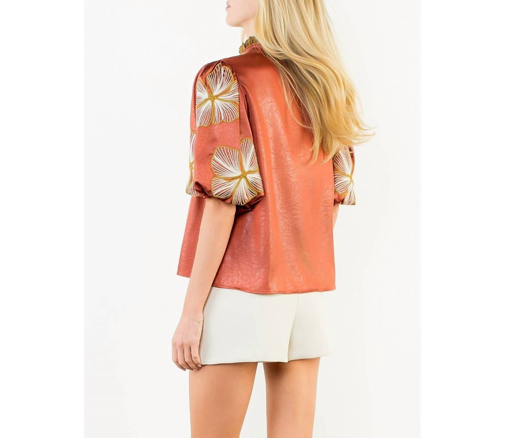 Thml - Shiny High Neck Floral Embroidery Top