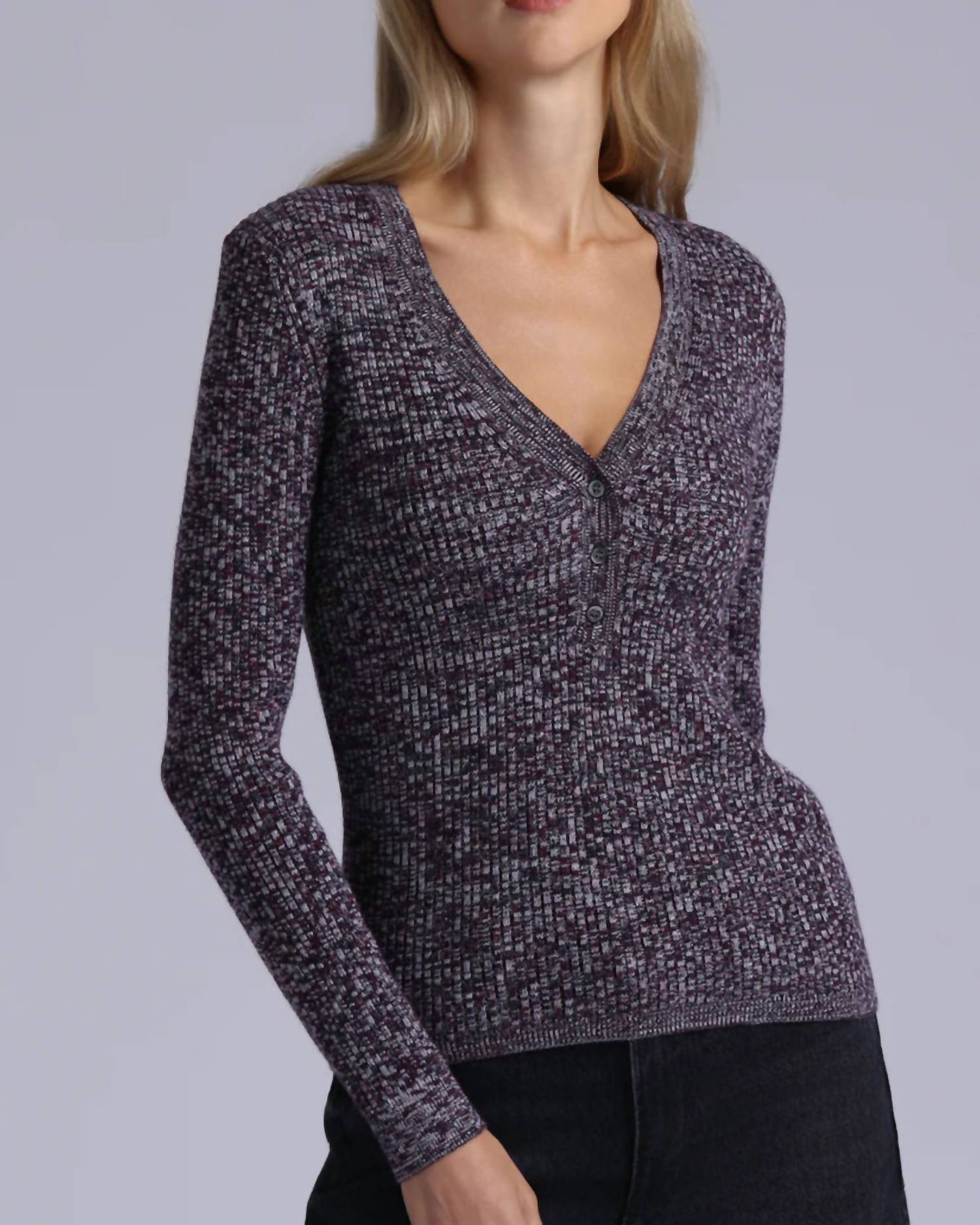 Minnie Rose - Supima Cotton Cashmere Rib Marled Henley Top