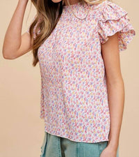 Anniewear - Ditsy Flower Printed Pleats Blouse