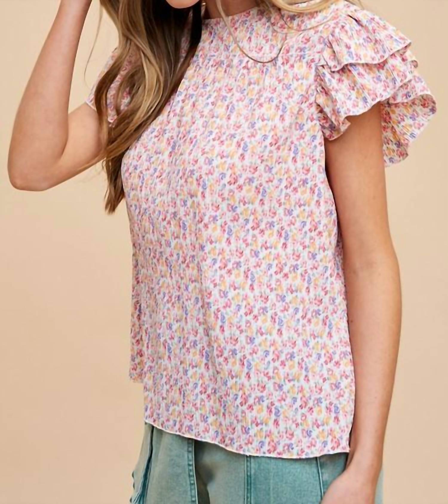 Anniewear - Ditsy Flower Printed Pleats Blouse