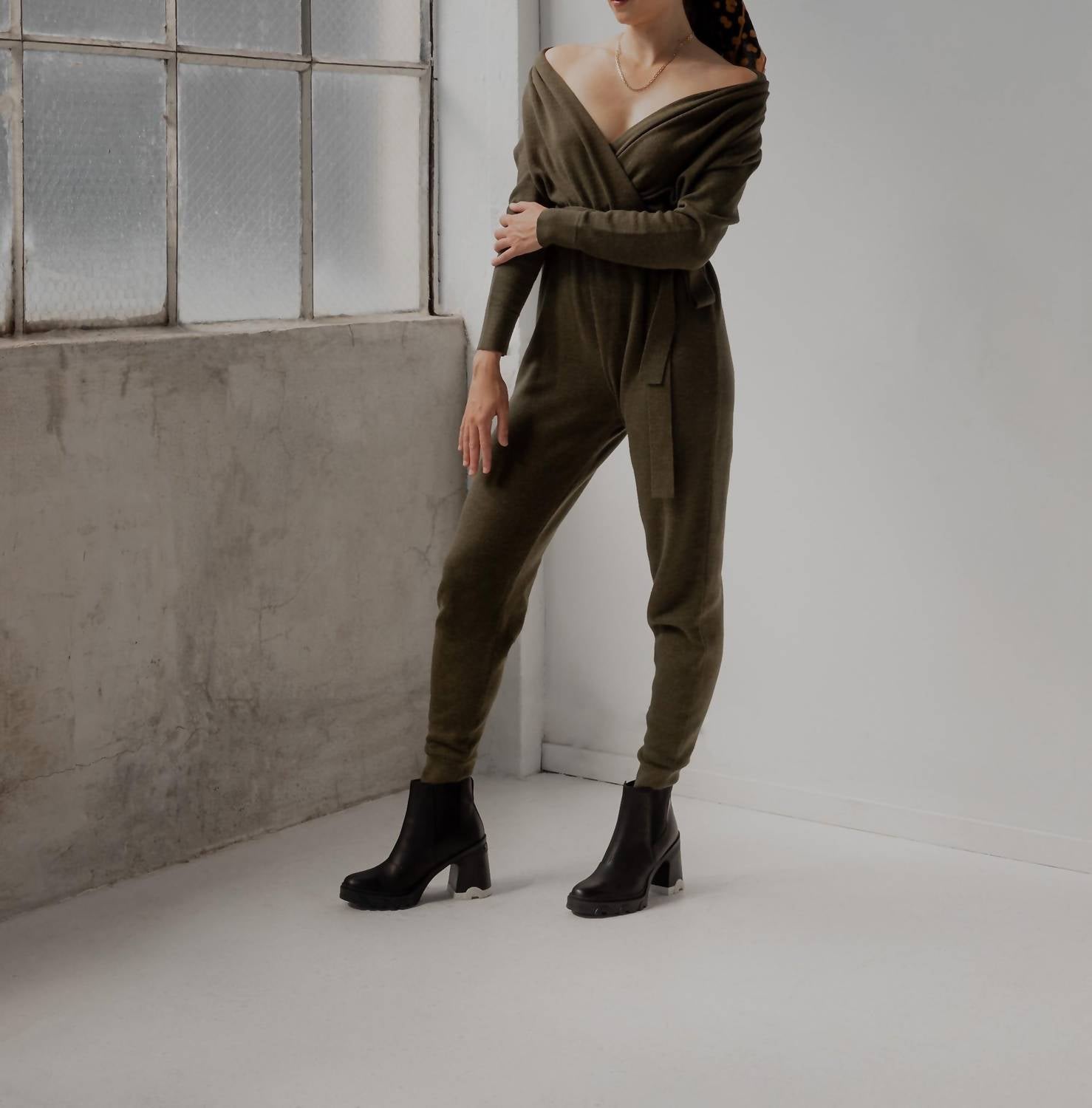 SSKEIN Wrap Neck Jumpsuit in hunter - women's pants - detail view
