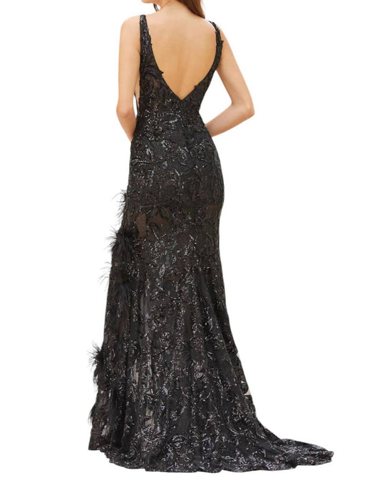Amarra - Feathered Sequined Evening Gown