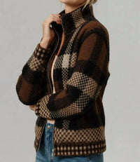 Kori - High Neck Zip Up Plaid Sweater Cardigan With Pocket