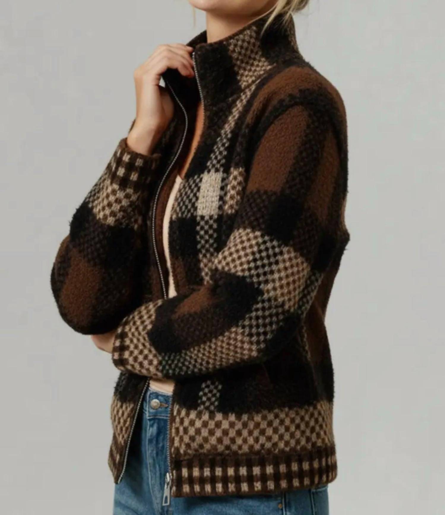 Kori - High Neck Zip Up Plaid Sweater Cardigan With Pocket