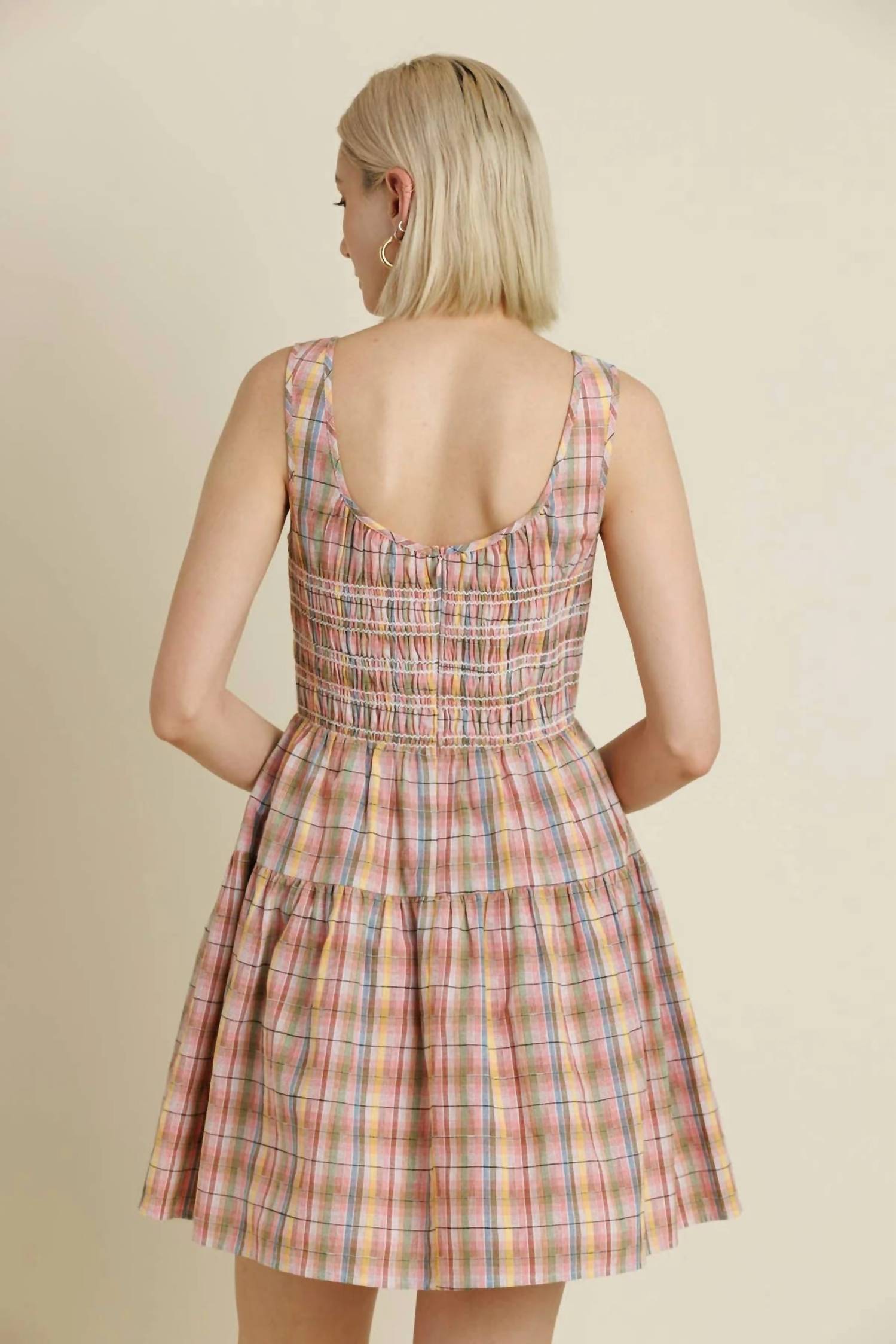 Aureum - Smocked Plaid Mini Dress