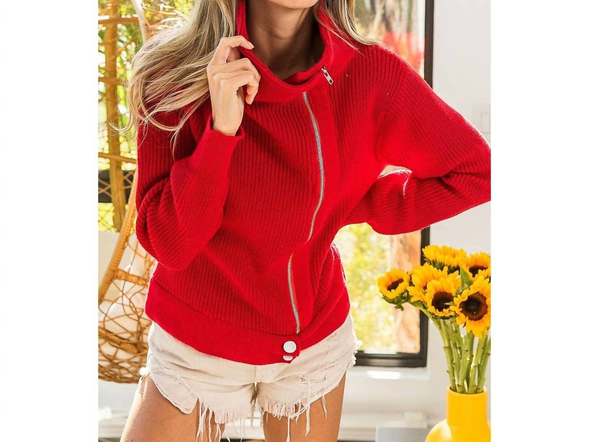 Bibi - Front Zip Up High Neck Sweater Jacket