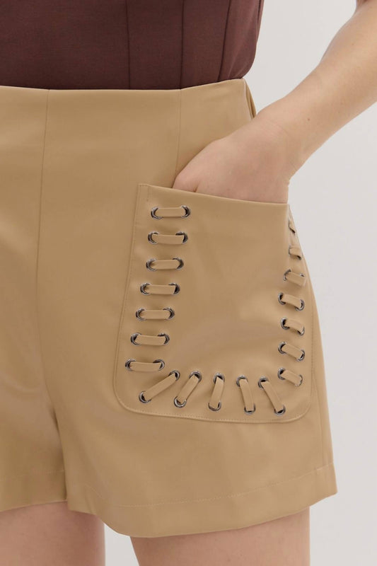 Entro - Laced Up Grommet Detailed Pleather Shorts