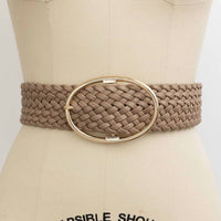 LETO Women's Wide Braided Vegan Leather Belt in taupe - women's accessory - detail view