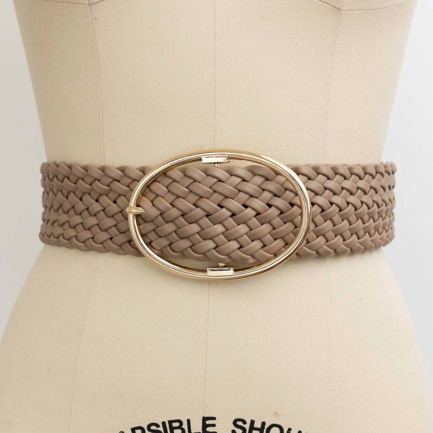 LETO Women's Wide Braided Vegan Leather Belt in taupe - women's accessory - detail view