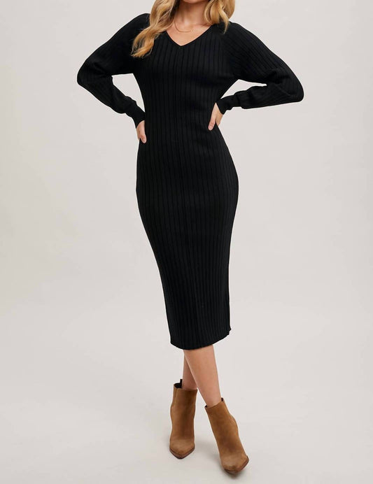 Bluivy - Women's V Neck Ribbed Knit Sweater Midi Dress
