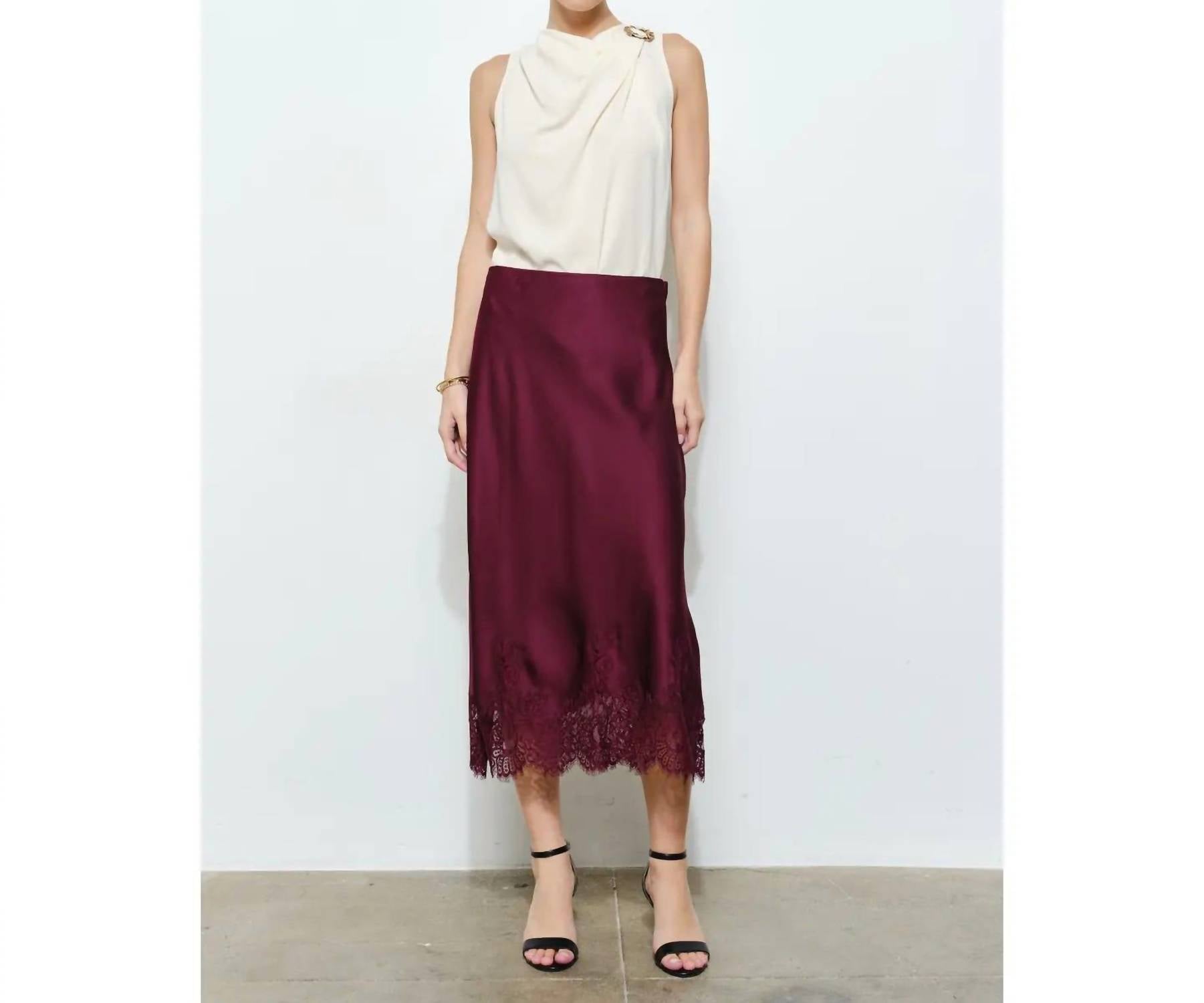 INA Fashion Silky Lace Hemmed Midi Skirt in wine - women's skirt