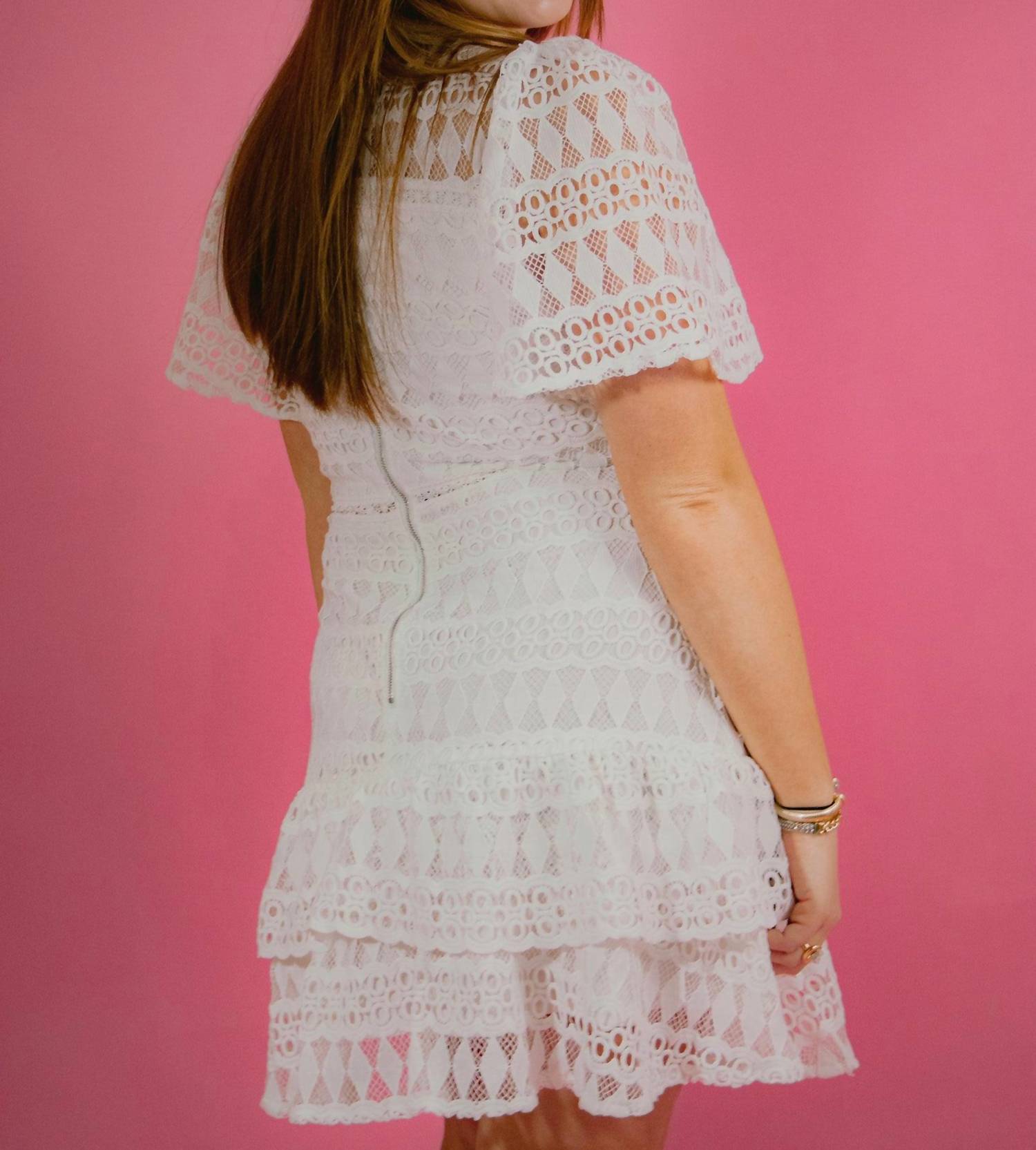 Just Me Micah Eyelet Mini Dress in white - women's dress - detail view