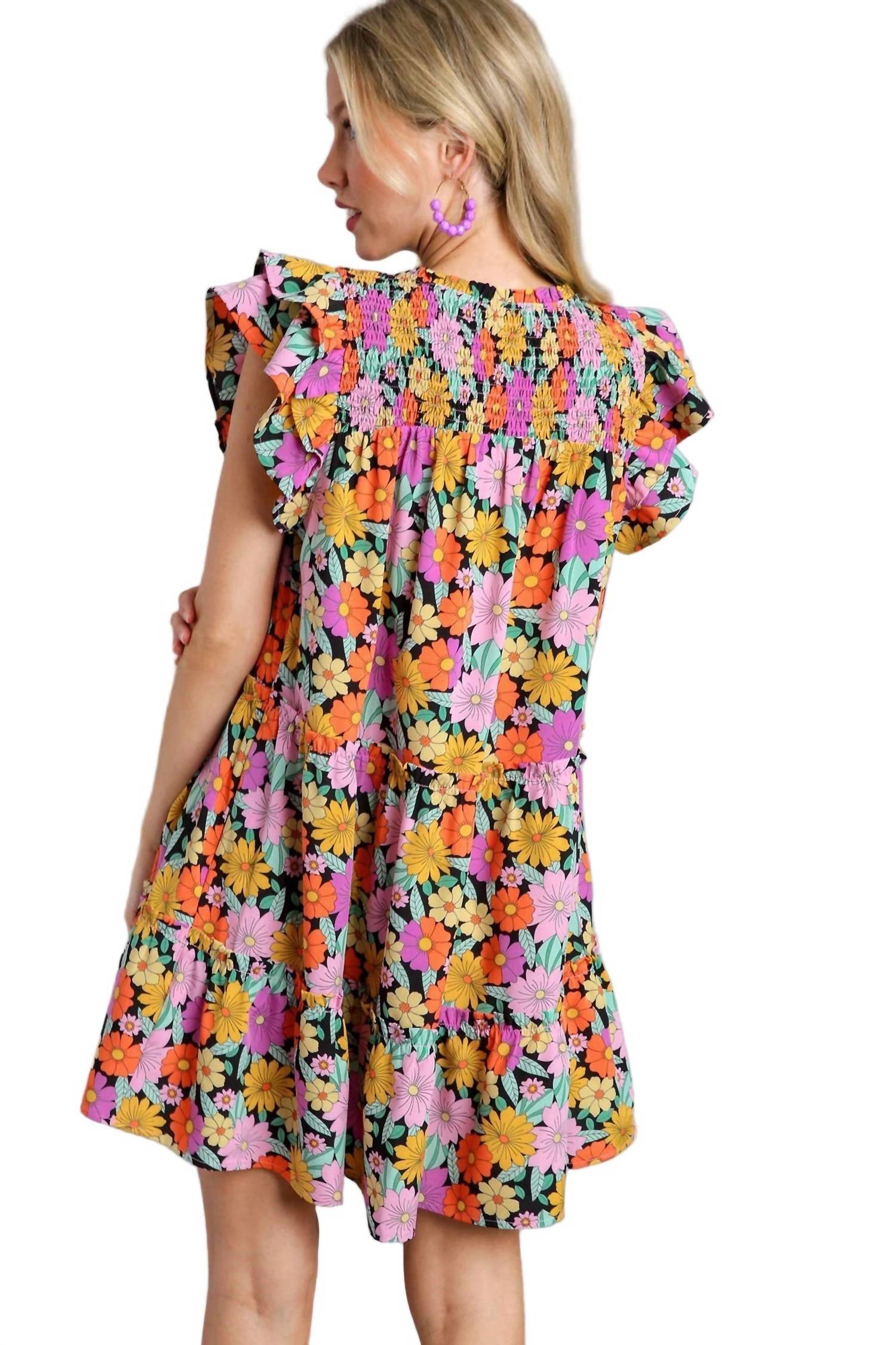 Umgee - Floral Double Layered Ruffle Sleeve Dress