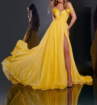 JOVANI Off The Shoulder Gown With Cut-out Lace Up Back in yellow - women's dress