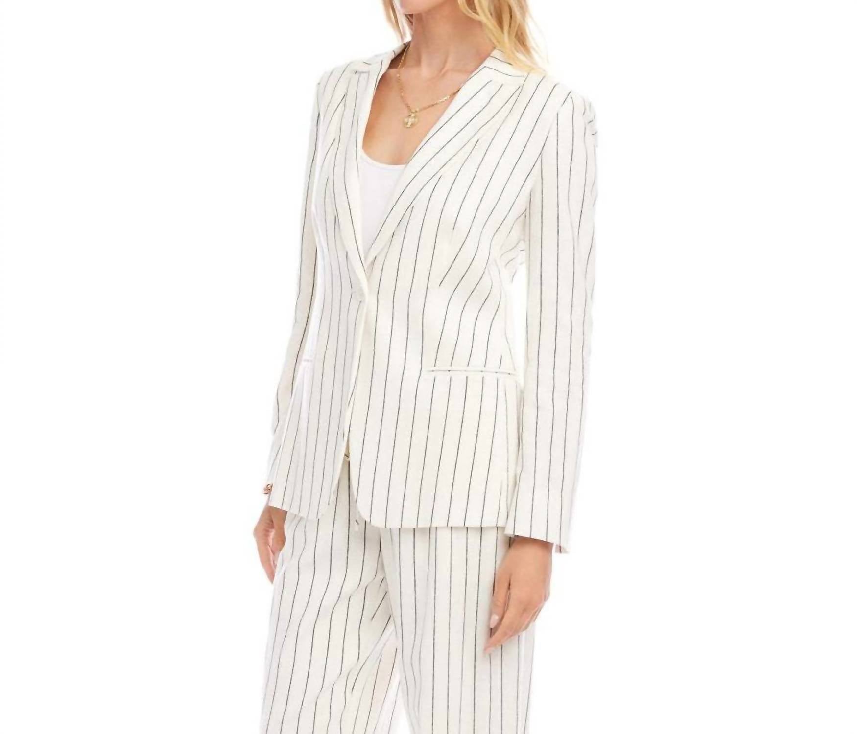 Karen Kane Linen Blend Stripe Blazer in cream and black - women's jacket - detail view