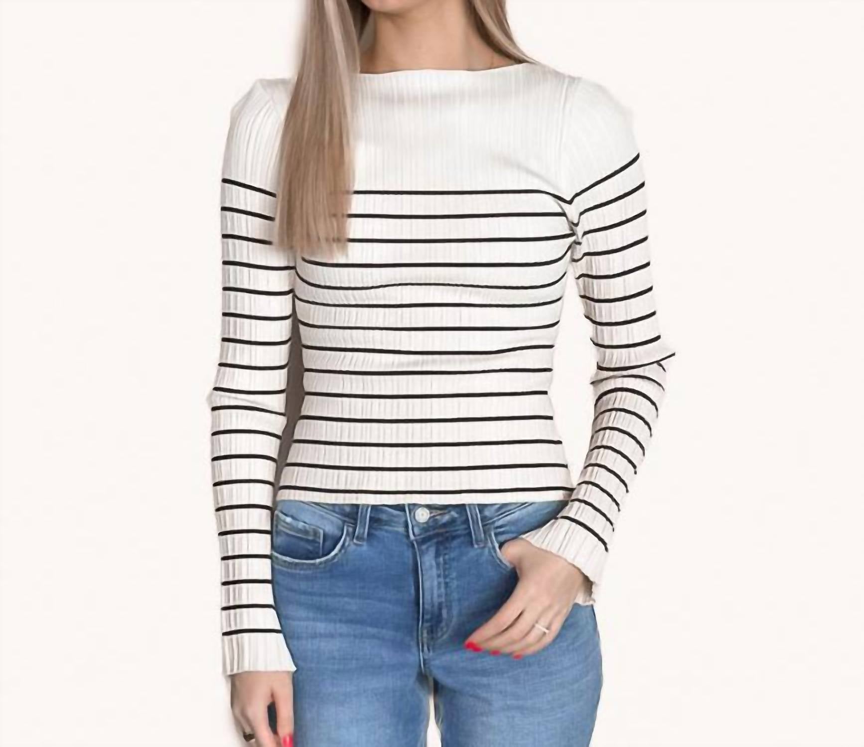 Miou Muse - Long Sleeve Stripe Pattern Ribbed Knitted Top